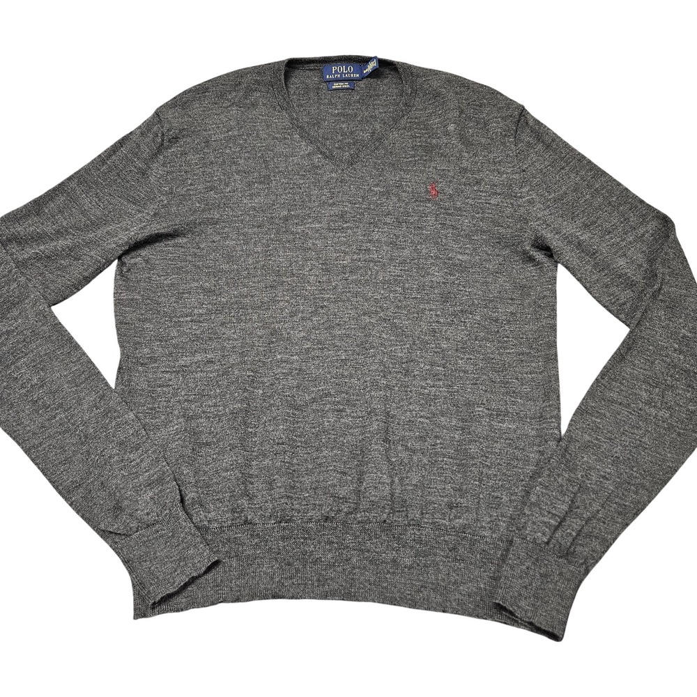 Polo Ralph Lauren Merino Wool Sweater Mens M Gray Vneck Preppy Business Casual
